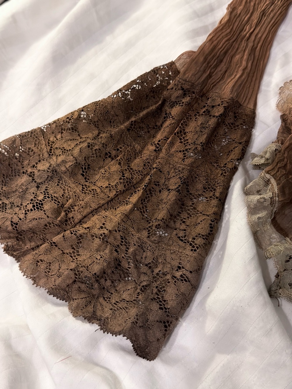 Insane Brown Scoop Neck Top with Lace Sleeves and Ruffles and Feather Accents - Picture 2 of 13